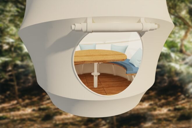 rendering of folded-up doorway of a tent