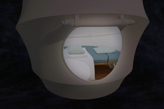 rendering of bed inside a tent that looks like it is floating in the forest