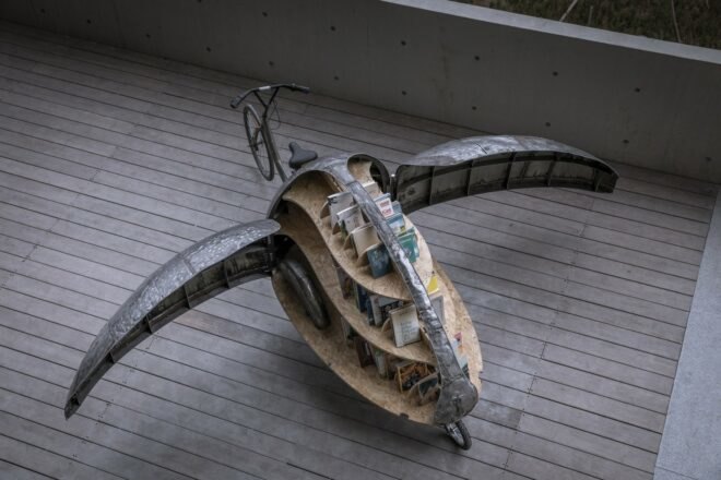 aerial view of micro library on wheels in the shape of a beetle