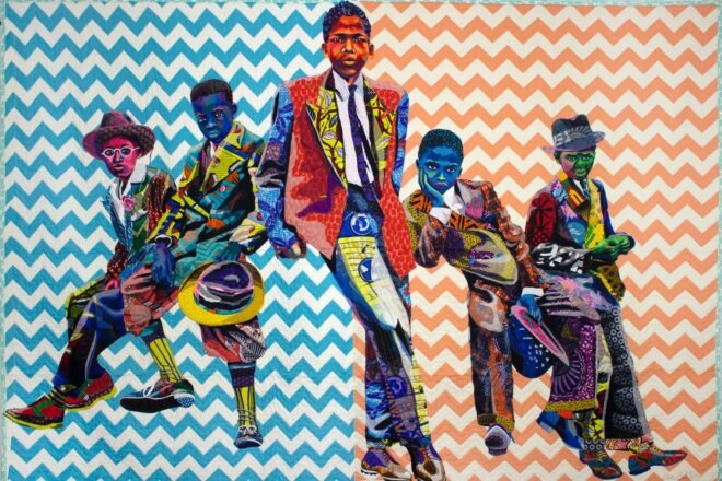 recycled fabrics made into a colorful quilt with various vibrant patterns