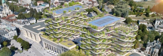 rendering of stacked building with green roof