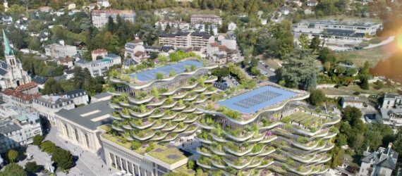 rendering of stacked building with green roof