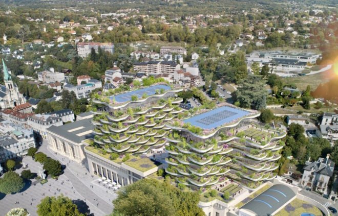 rendering of stacked building with green roof