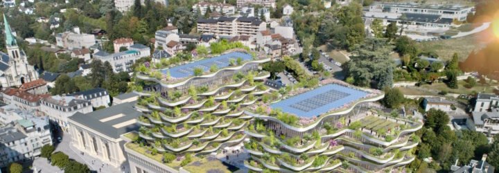 rendering of stacked building with green roof