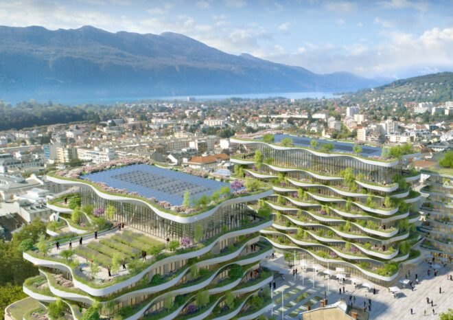 rendering of building with wave-like facade