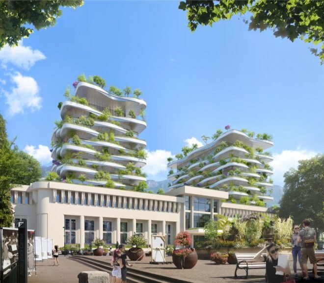 rendering of greenery-filled facade of tall building