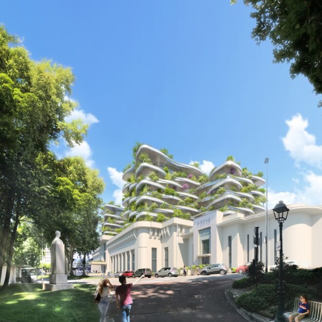 rendering of green and white facade above bath house building