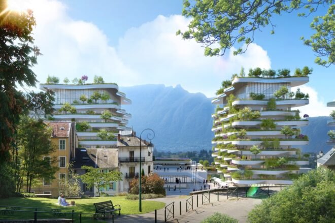 rendering of curving white building topped with plants