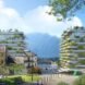 rendering of curving white building topped with plants