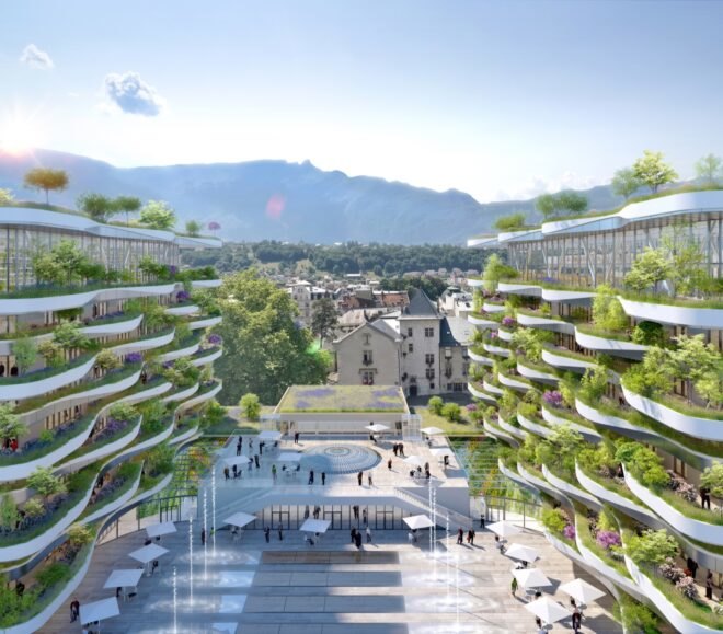 rendering of spacious courtyard between two tall plant-covered buildings