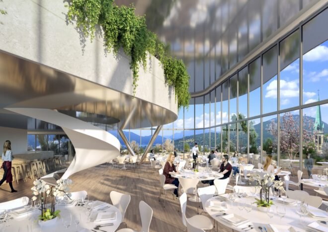 rendering of people sitting at tables in room with glass walls