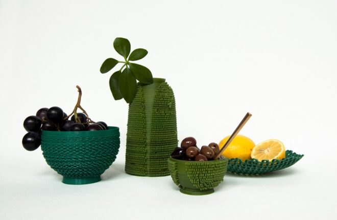 blue and green 3D-printed tableware