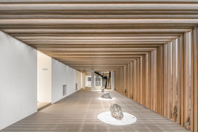wood walkway with rock centerpieces