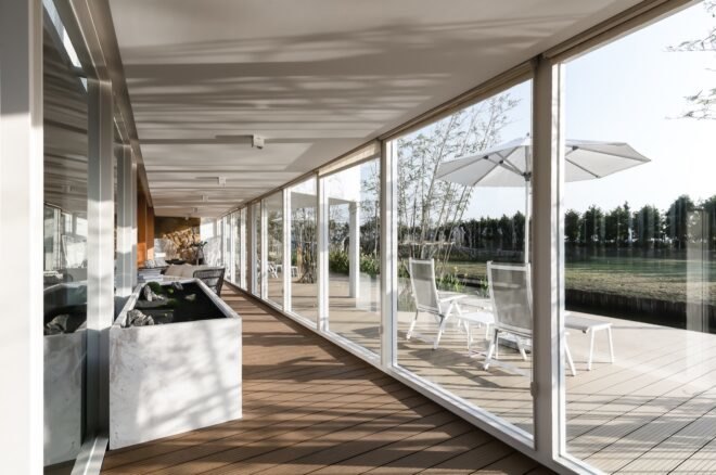 hallway with glass walls