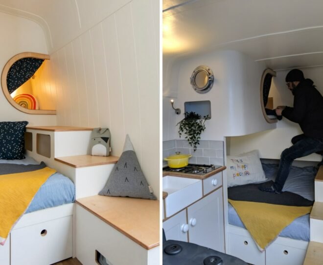 person climbing into a small porthole leading to a sleeping pod