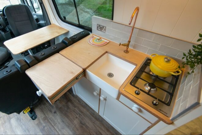aerial shot of compact kitchen with pull-out counter