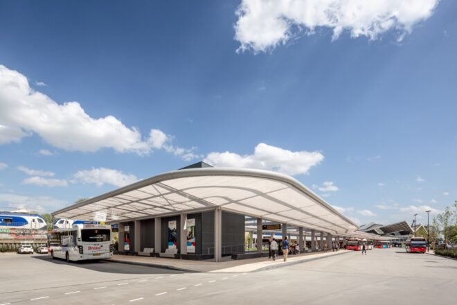 bus station with curved roof