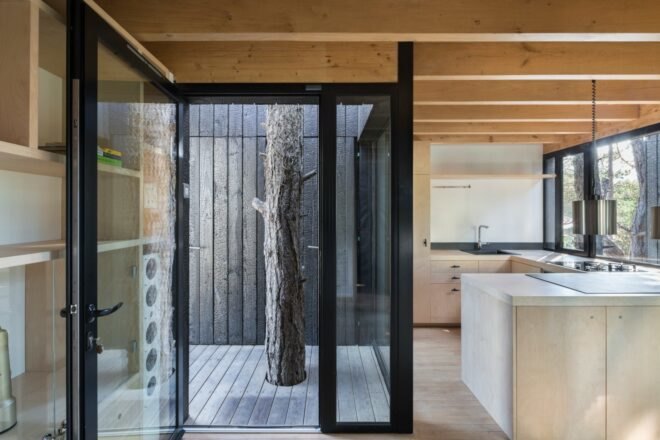 glass doorway beside kitchen leading outside to deck