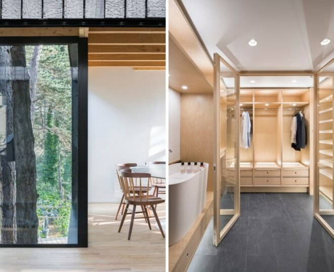 interiors with white walls, light wood floors and light timber accents