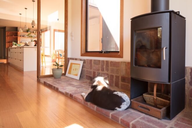 dog lying beside wood-burning stove
