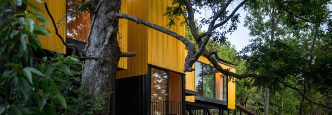 elevated vibrant yellow prefab home surrounded by greenery