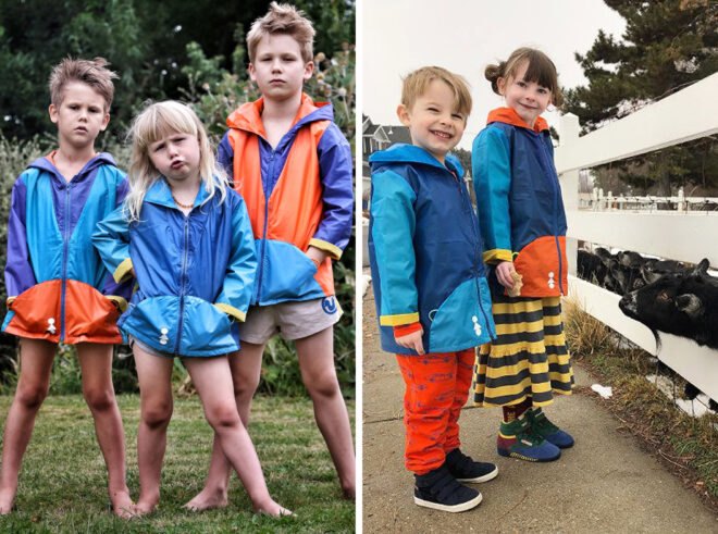 groups of kids wearing colorful jackets and feeding goats