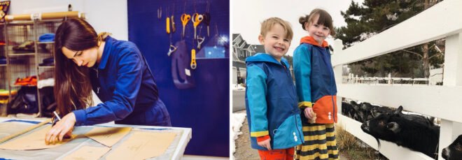 On the left, person making clothing patterns on a work table. On the right, kids wearing colorful raincoats and feeding goats.