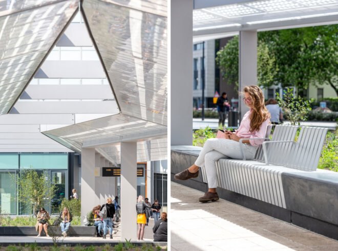 People sitting on steel benches waiting on buses