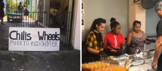 On the left, Chilis on Wheels sign. On the right, people preparing and serving food.