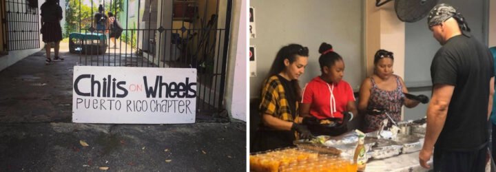 On the left, Chilis on Wheels sign. On the right, people preparing and serving food.
