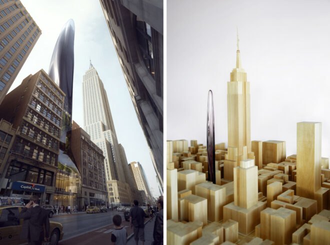 rendering and model of a skyscraper in NYC
