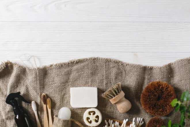 natural bathroom products on burlap