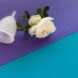 menstrual cup and a flower on blue and purple background