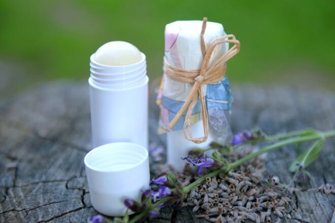 capsule of natural deodorant on a tree stump