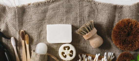 natural bathroom products on burlap