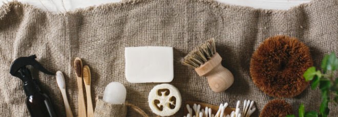 natural bathroom products on burlap