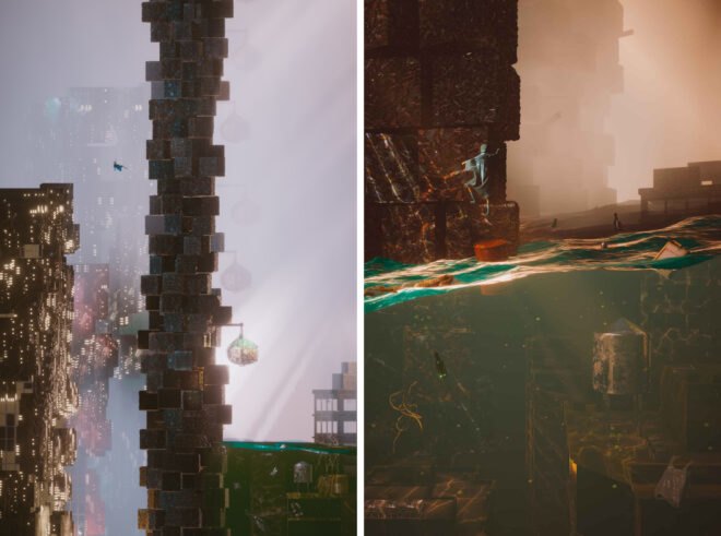 rendering of wall made from trash with water below it also filled with plastic waste