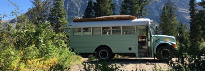 converted school bus in natural setting