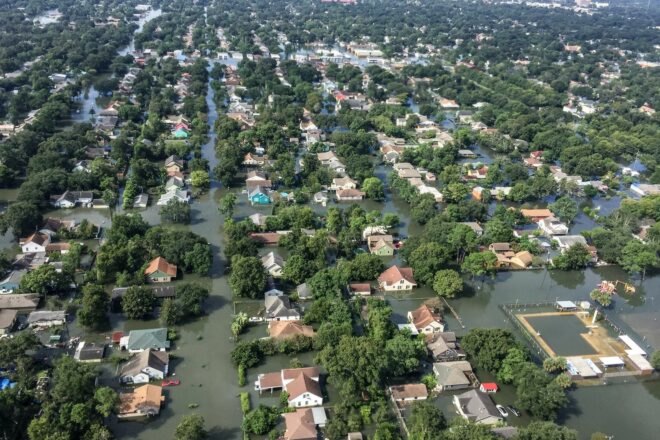 aerial view of homes in Houston flooded from hurricane