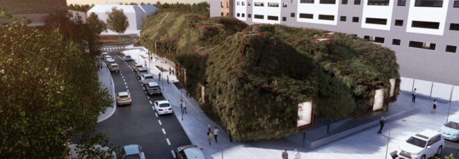 large elongated building covered in lush greenery