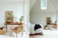 white bedroom with fluffy white bed, wood desk and a skylight