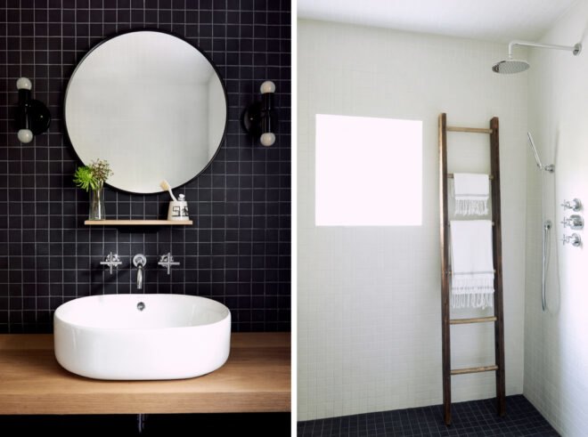 bathroom with black and white tiles