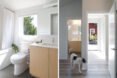 On the left, bathroom with white walls and tan cabinet. On the right, dog walking through a hallway.