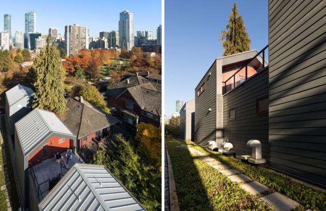aerial view of narrow gray building in a city