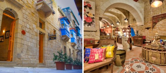 On the left, stone wall entrance to hotel. On the right, colorful lobby filled with art and antiques.