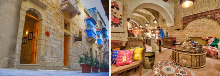 On the left, stone wall entrance to hotel. On the right, colorful lobby filled with art and antiques.