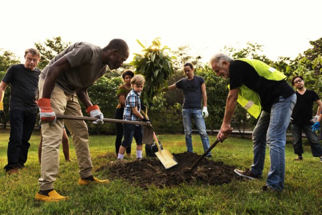 group of people planting a tree