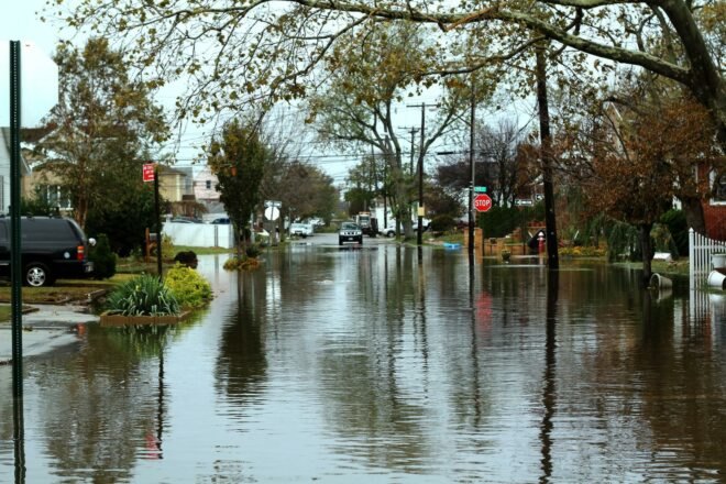 residential streets flooded with storm waters