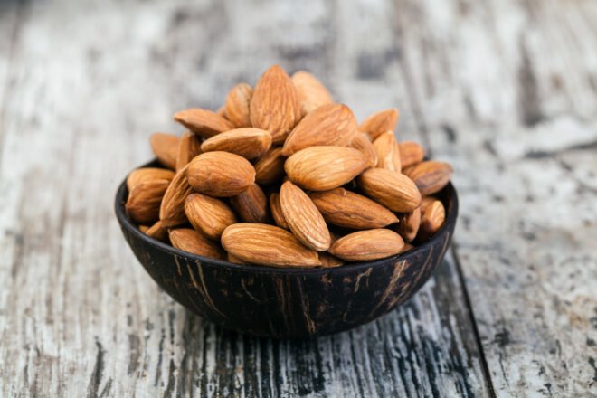 wood bowl of almonds
