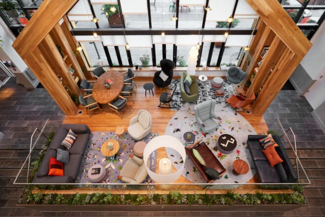 aerial view of seating space with indoor gardens